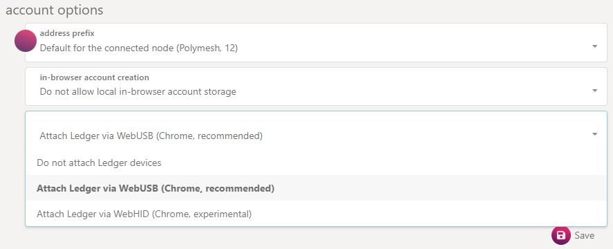 Dropdown selector for allowing Ledger connections in Polymesh Settings