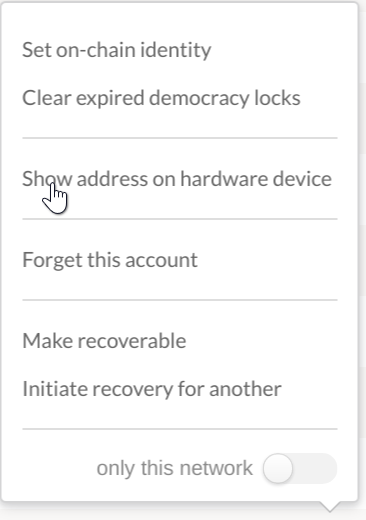 Options menu of an account in the Accounts screen of Polymesh