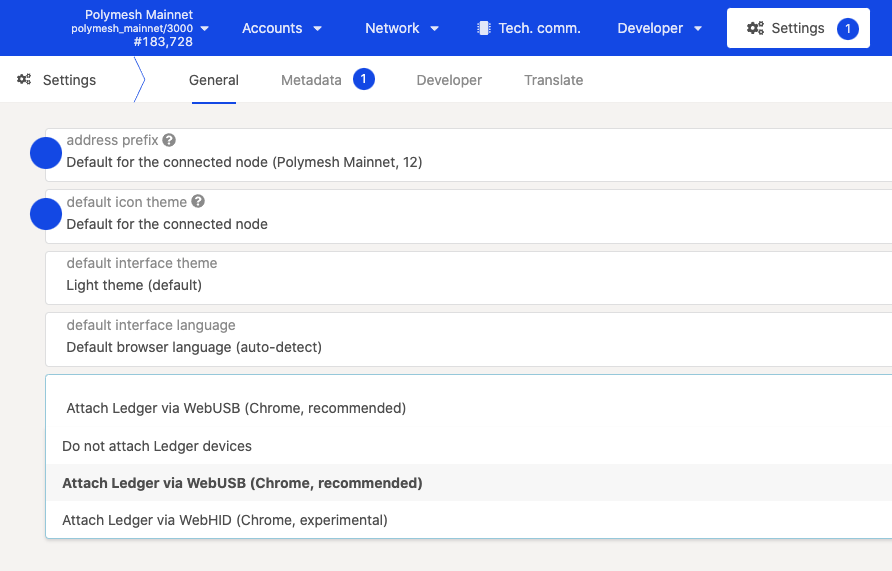 Dropdown selector for allowing Ledger connections in Polymesh Settings